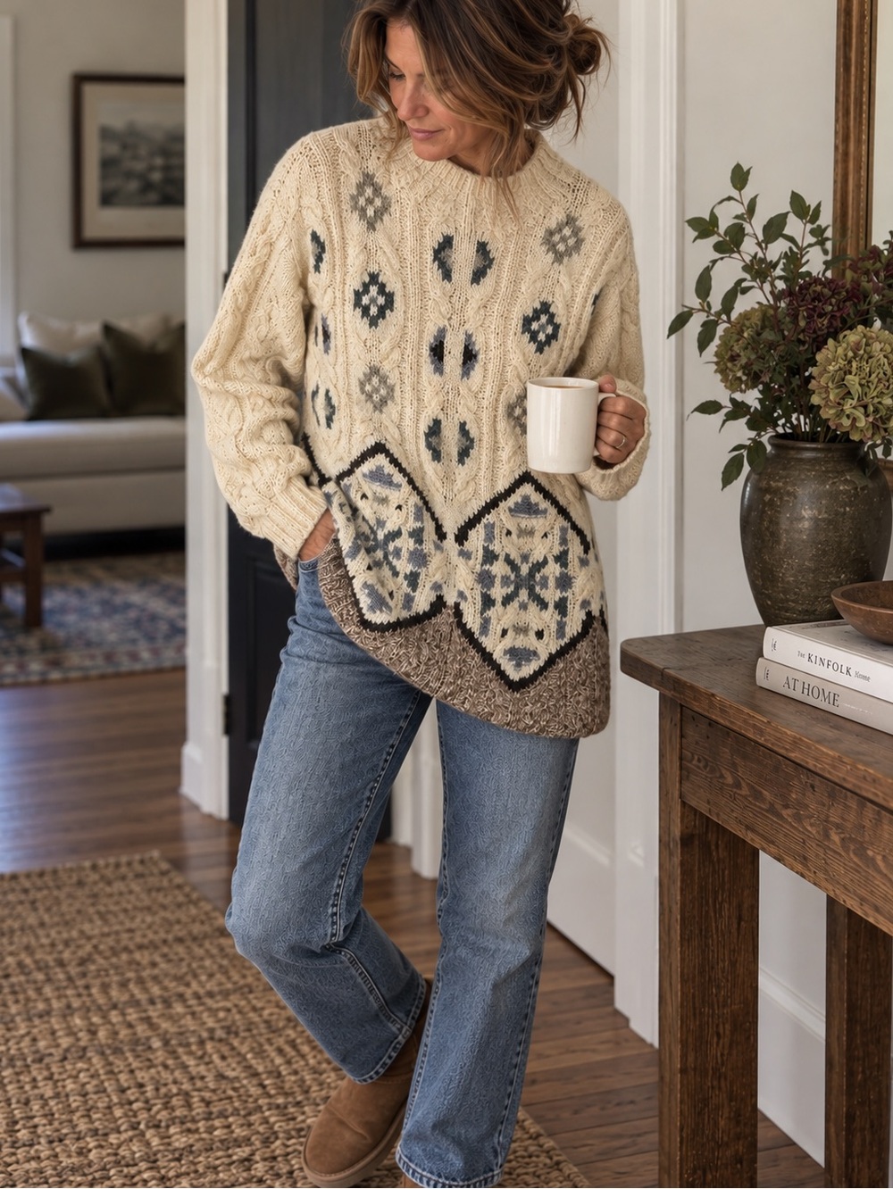 Vintage 90s Liz Claiborne Wool Fair Isle Cable Knit Tunic Sweater M